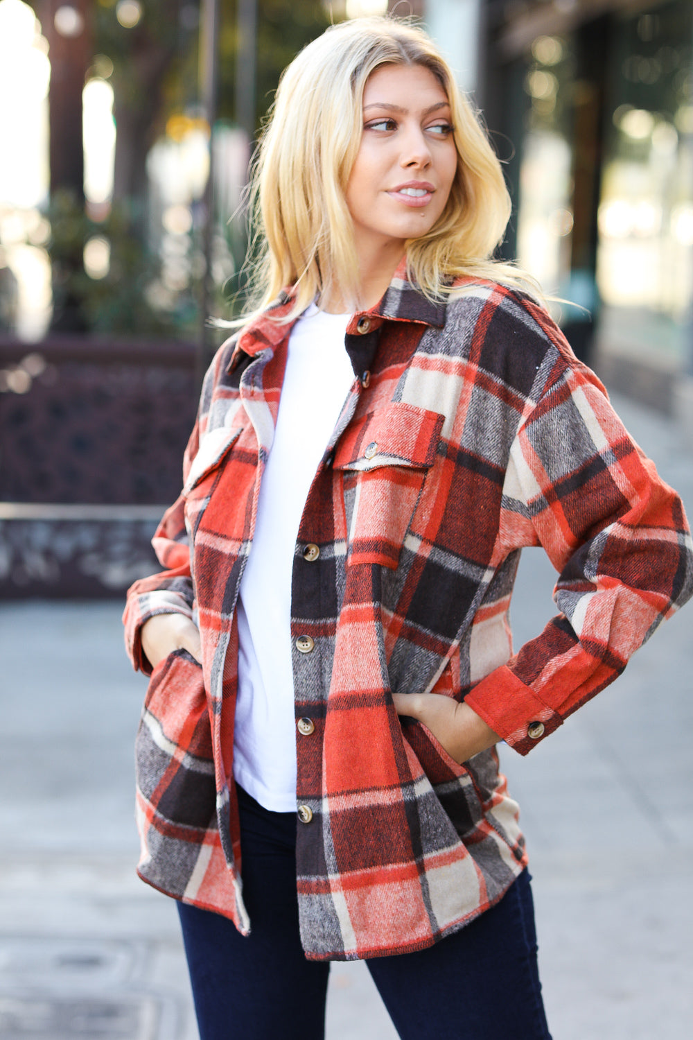 On My Way Up Rust Plaid Flannel Button Down Shacket-Bloom 2023 Winter Sale-[option4]-[option5]-[option6]-[option7]-[option8]-Shop-Boutique-Clothing-for-Women-Online