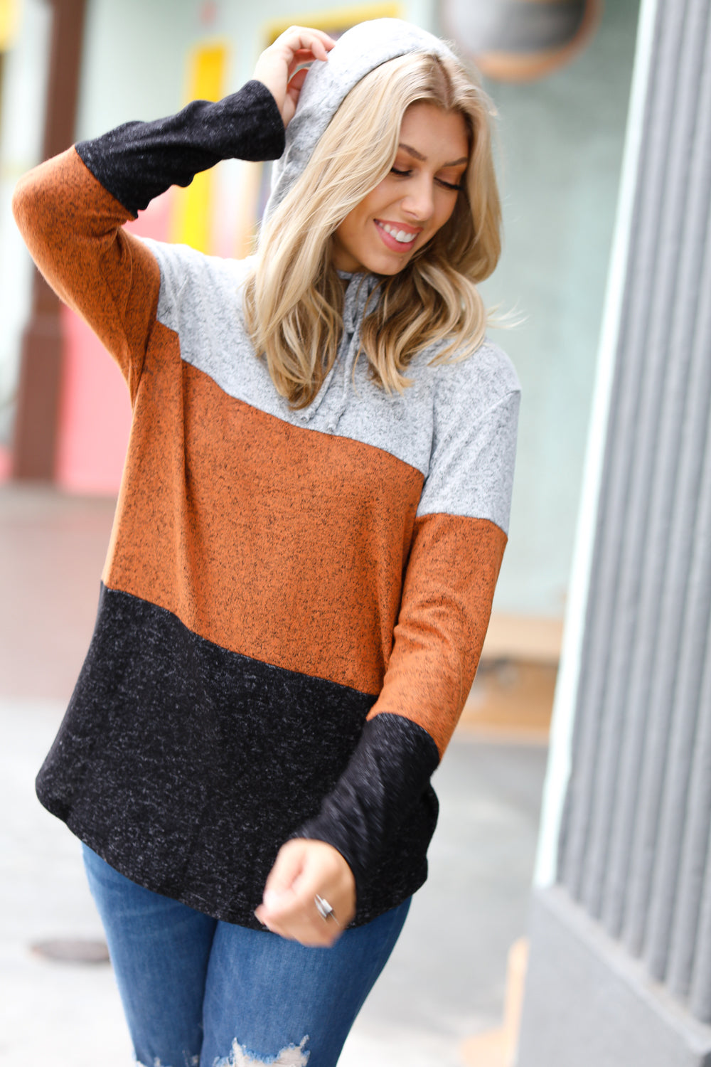 Cozy Up Heather Grey & Rust Color Block Hoodie Top-Red Lolly-[option4]-[option5]-[option6]-[option7]-[option8]-Shop-Boutique-Clothing-for-Women-Online