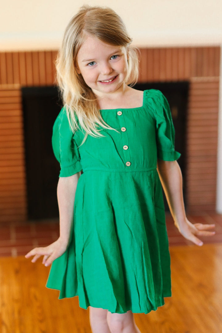 Kids Adorable Green Button Square Neck Ruche Back Dress-ODDI-[option4]-[option5]-[option6]-[option7]-[option8]-Shop-Boutique-Clothing-for-Women-Online