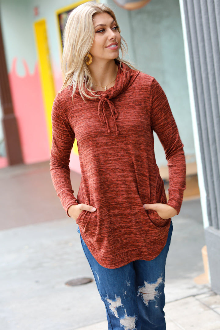 Be Your Best Rust Marled Cowl Neck Pocketed Top-Red Lolly-[option4]-[option5]-[option6]-[option7]-[option8]-Shop-Boutique-Clothing-for-Women-Online