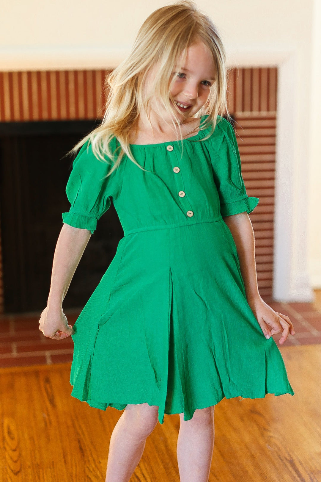 Kids Adorable Green Button Square Neck Ruche Back Dress-ODDI-[option4]-[option5]-[option6]-[option7]-[option8]-Shop-Boutique-Clothing-for-Women-Online