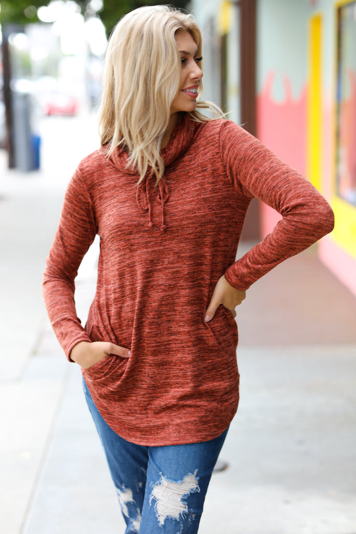 Be Your Best Rust Marled Cowl Neck Pocketed Top-Red Lolly-[option4]-[option5]-[option6]-[option7]-[option8]-Shop-Boutique-Clothing-for-Women-Online