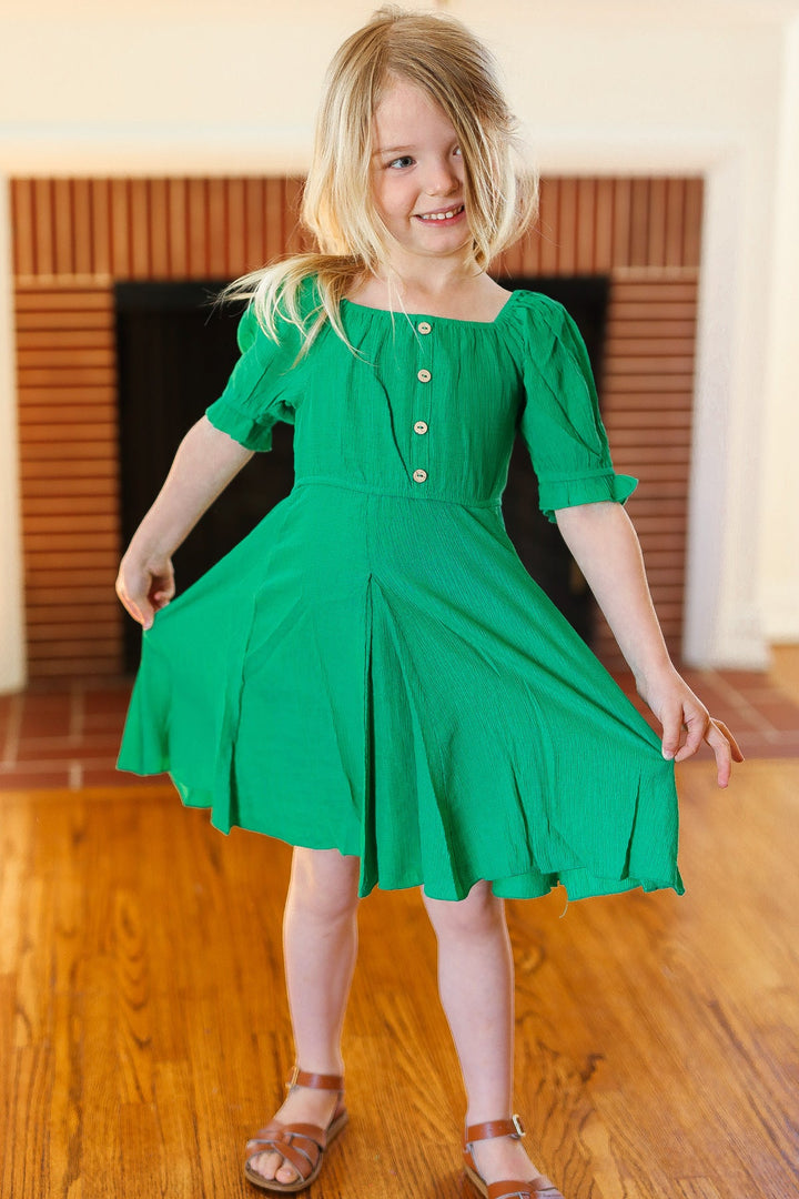 Kids Adorable Green Button Square Neck Ruche Back Dress-ODDI-[option4]-[option5]-[option6]-[option7]-[option8]-Shop-Boutique-Clothing-for-Women-Online