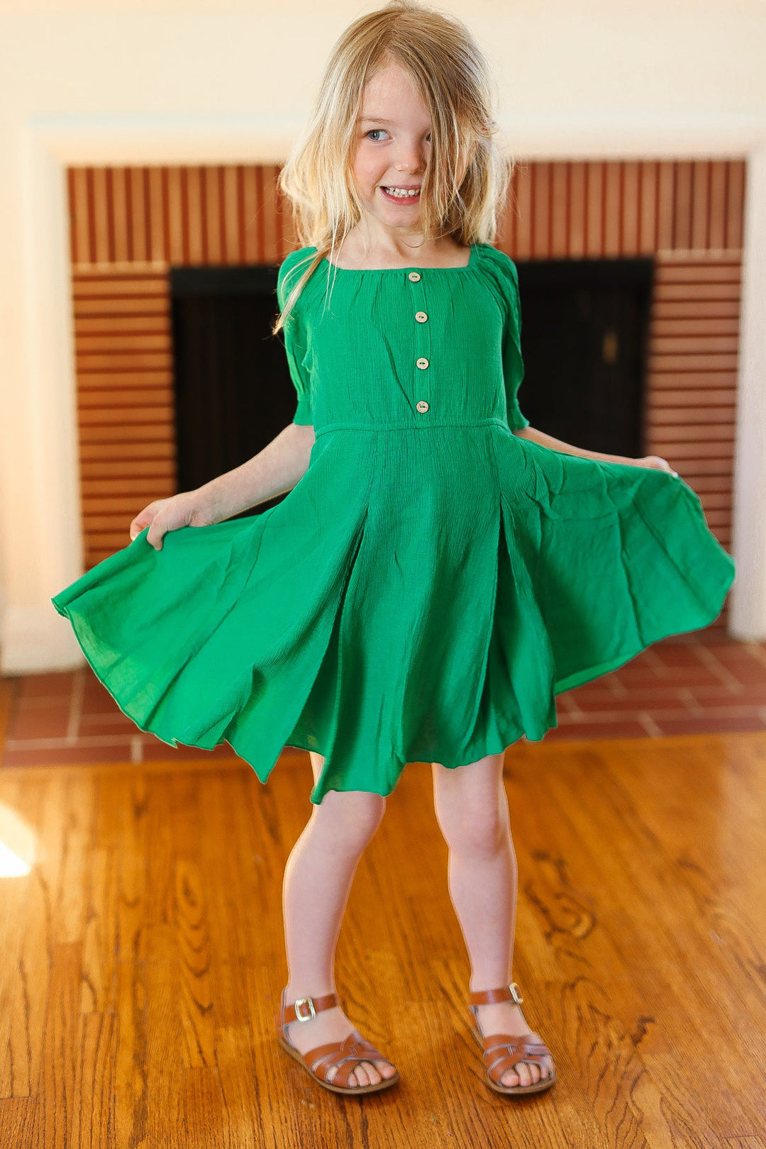 Kids Adorable Green Button Square Neck Ruche Back Dress-ODDI-[option4]-[option5]-[option6]-[option7]-[option8]-Shop-Boutique-Clothing-for-Women-Online