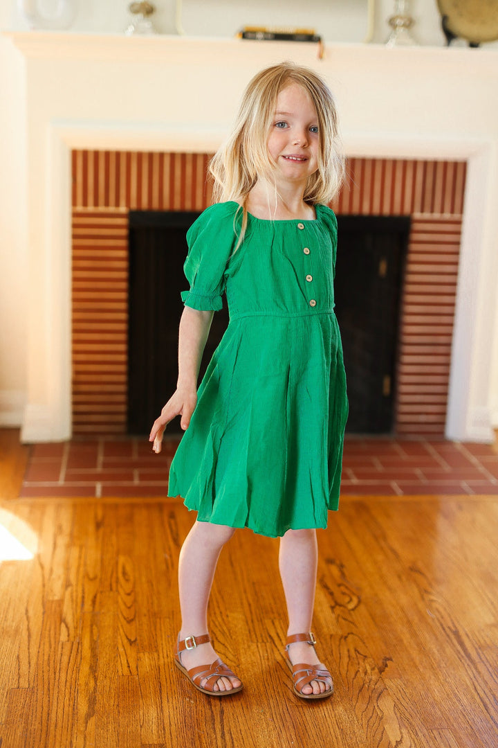 Kids Adorable Green Button Square Neck Ruche Back Dress-ODDI-[option4]-[option5]-[option6]-[option7]-[option8]-Shop-Boutique-Clothing-for-Women-Online