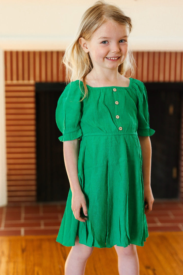 Kids Adorable Green Button Square Neck Ruche Back Dress-ODDI-[option4]-[option5]-[option6]-[option7]-[option8]-Shop-Boutique-Clothing-for-Women-Online