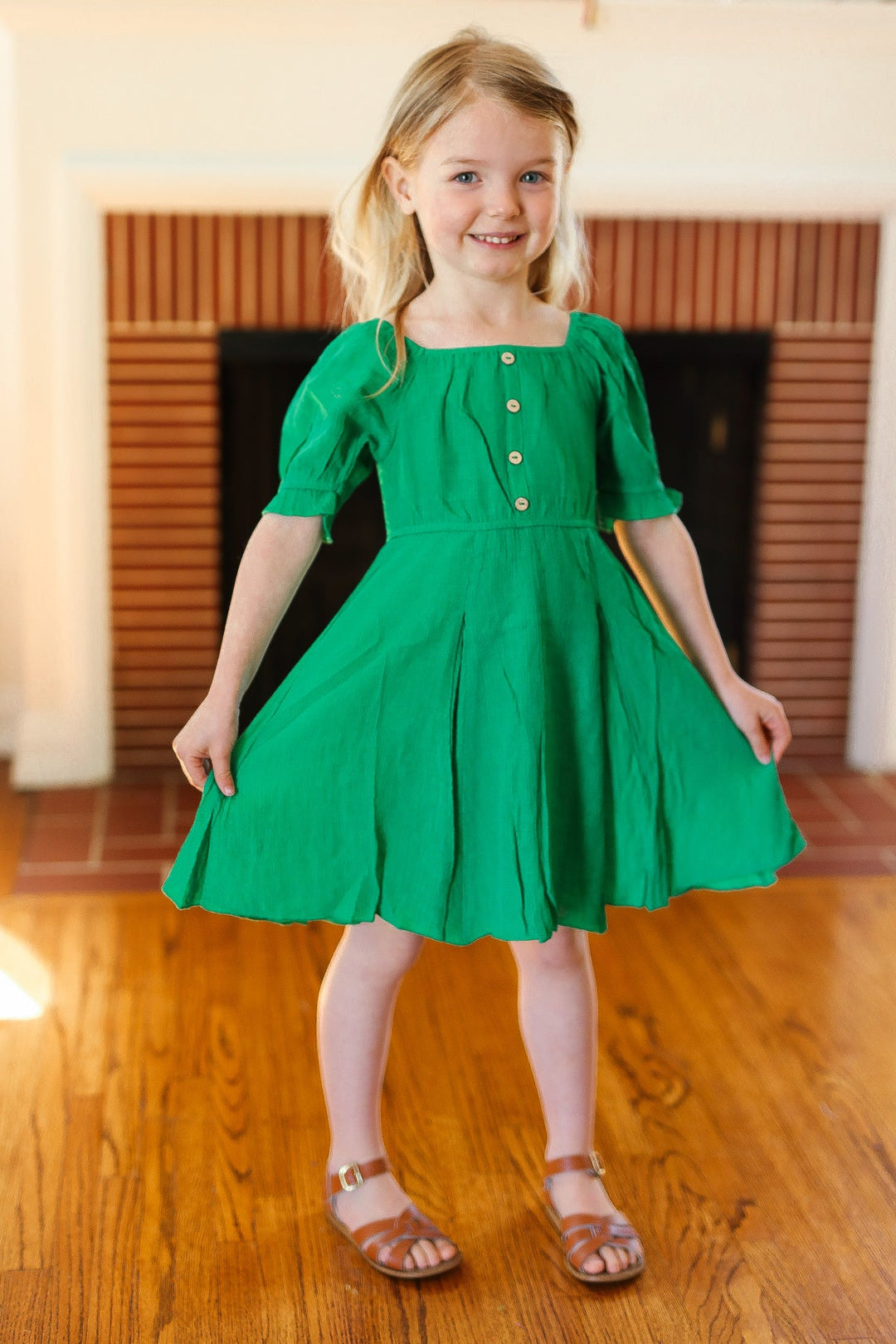 Kids Adorable Green Button Square Neck Ruche Back Dress-ODDI-[option4]-[option5]-[option6]-[option7]-[option8]-Shop-Boutique-Clothing-for-Women-Online