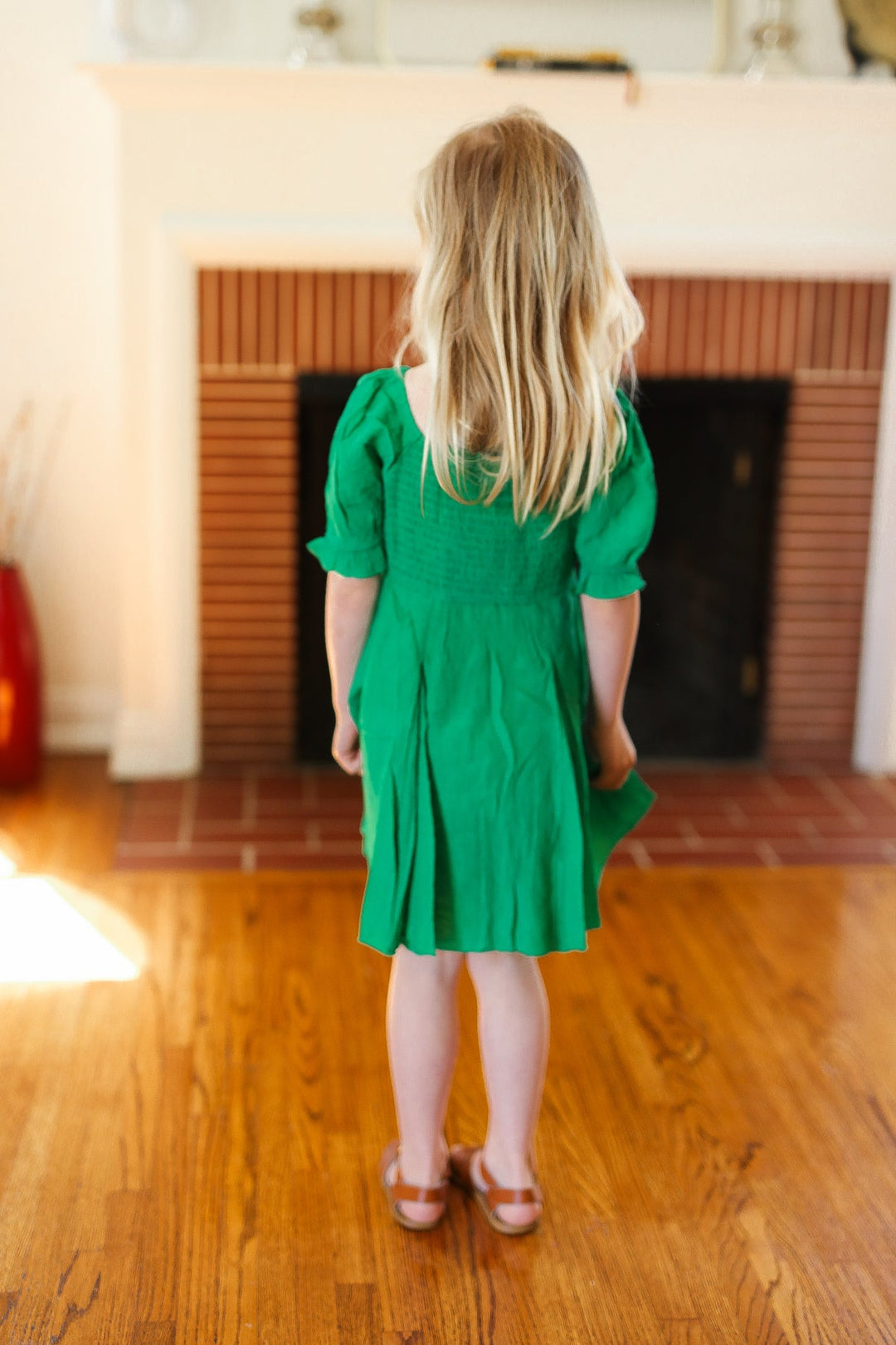 Kids Adorable Green Button Square Neck Ruche Back Dress-ODDI-[option4]-[option5]-[option6]-[option7]-[option8]-Shop-Boutique-Clothing-for-Women-Online