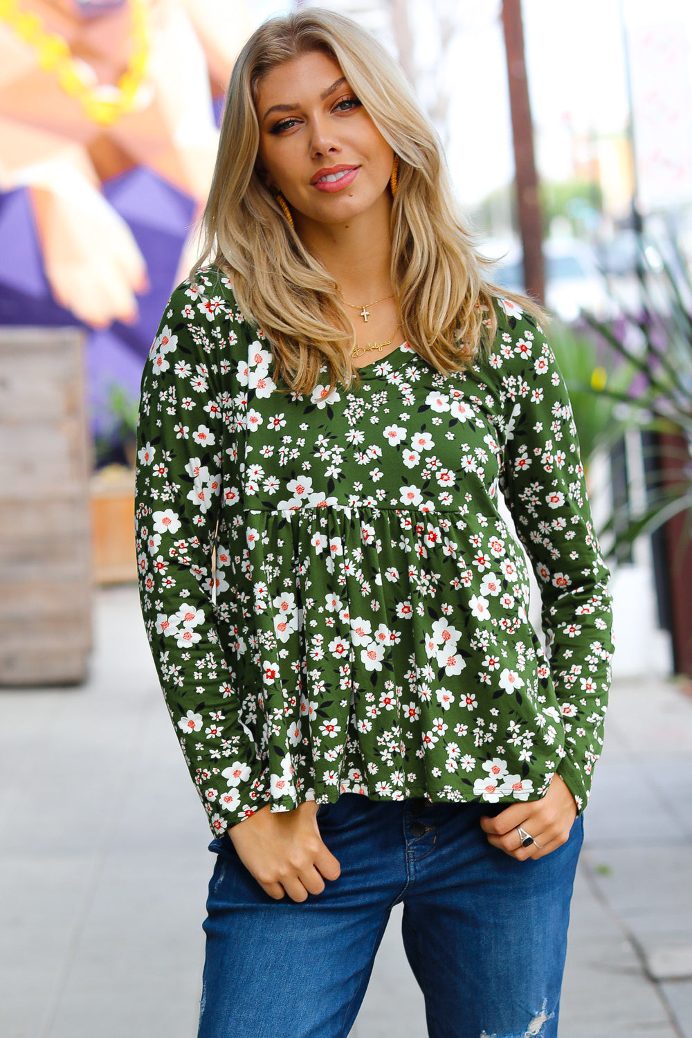Haptics Olive Floral Print Babydoll Top-Haptics-[option4]-[option5]-[option6]-[option7]-[option8]-Shop-Boutique-Clothing-for-Women-Online