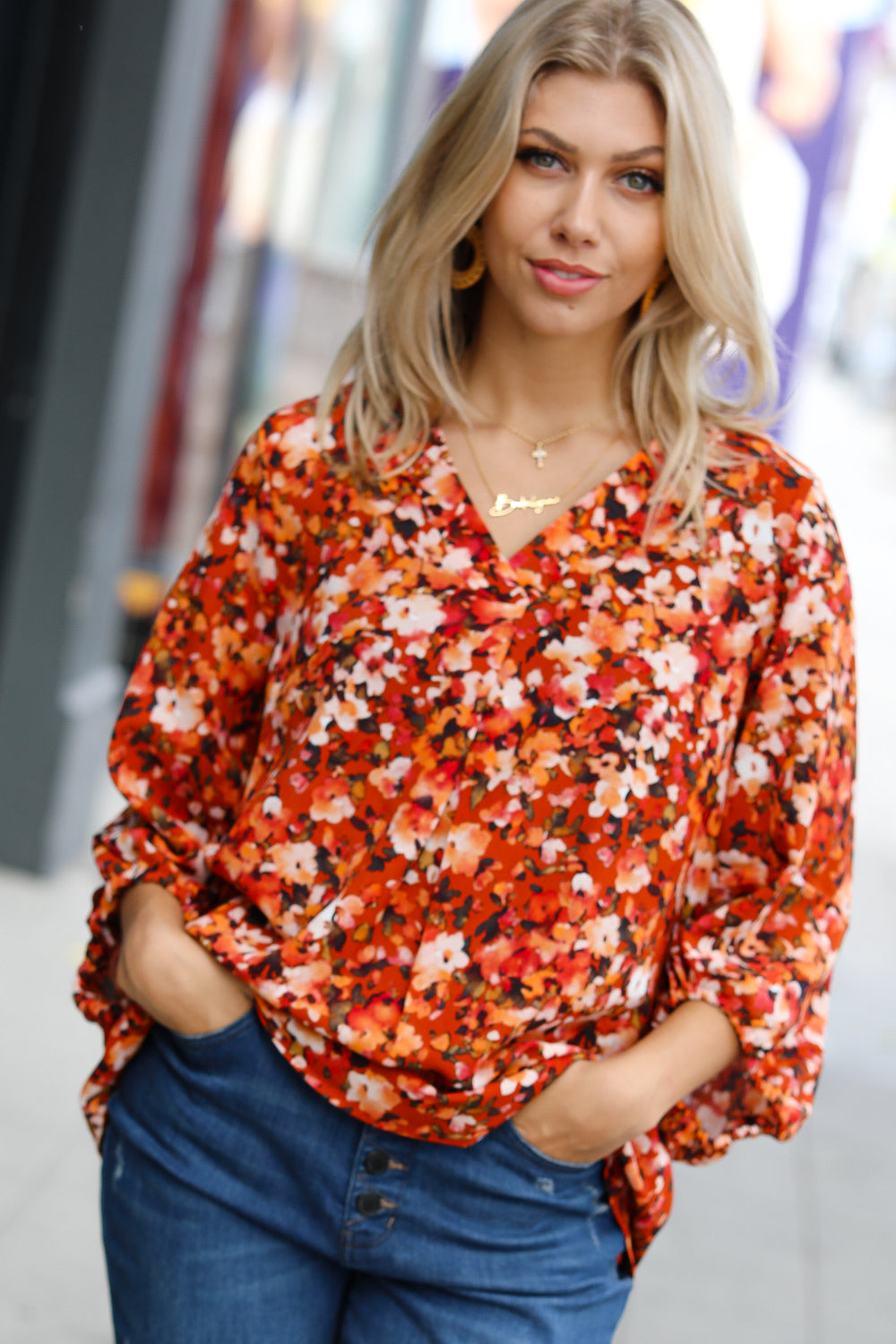 Haptics Rust Floral Print V Neck Woven Top-Haptics-[option4]-[option5]-[option6]-[option7]-[option8]-Shop-Boutique-Clothing-for-Women-Online