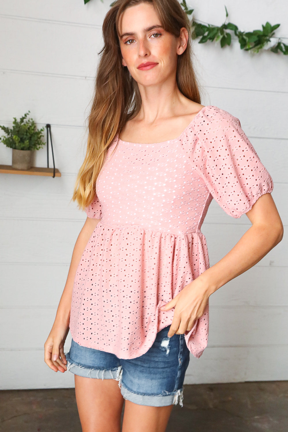 Mauve Eyelet Puff Sleeve Babydoll Top-Haptics-[option4]-[option5]-[option6]-[option7]-[option8]-Shop-Boutique-Clothing-for-Women-Online