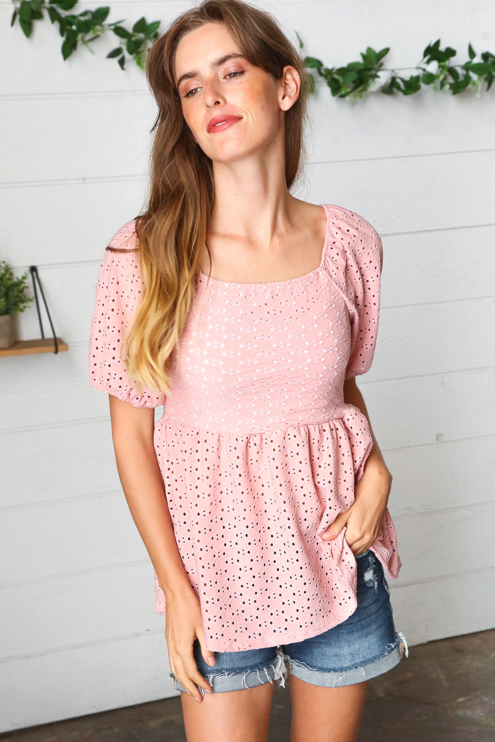 Mauve Eyelet Puff Sleeve Babydoll Top-Haptics-[option4]-[option5]-[option6]-[option7]-[option8]-Shop-Boutique-Clothing-for-Women-Online