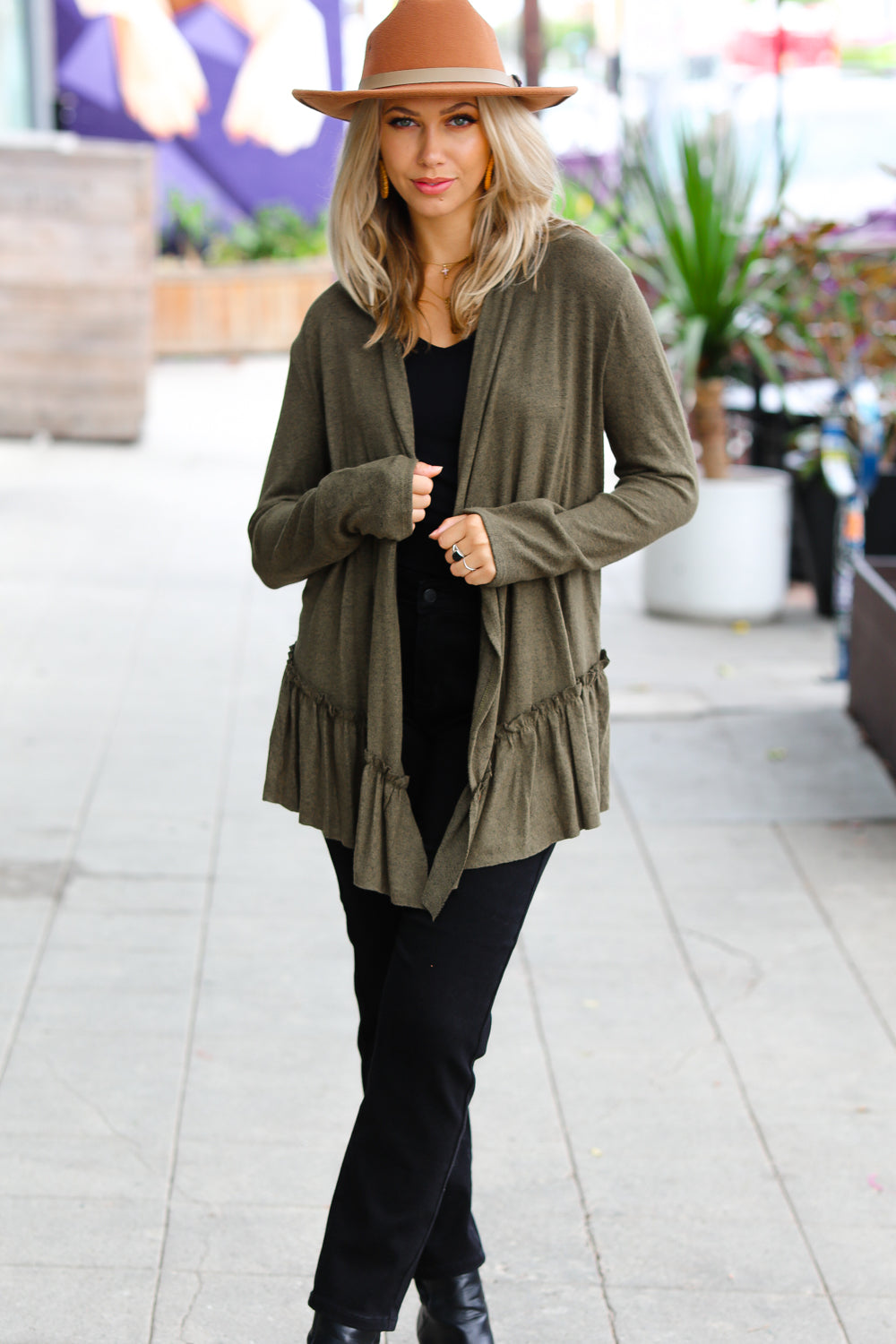 Olive Green Face the Day Two-Tone Ruffle Cardigan-Red Lolly-[option4]-[option5]-[option6]-[option7]-[option8]-Shop-Boutique-Clothing-for-Women-Online