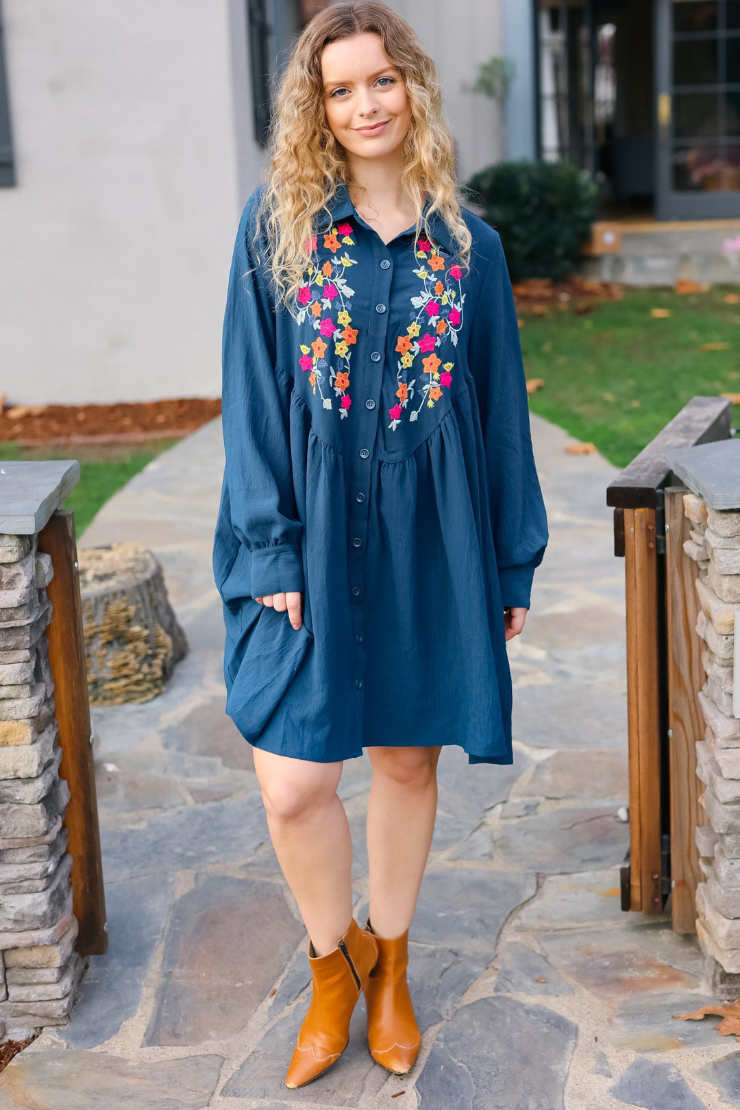 Just Imagine Navy Floral Embroidered Button Down Long Sleeve Dress-Haptics-[option4]-[option5]-[option6]-[option7]-[option8]-Shop-Boutique-Clothing-for-Women-Online