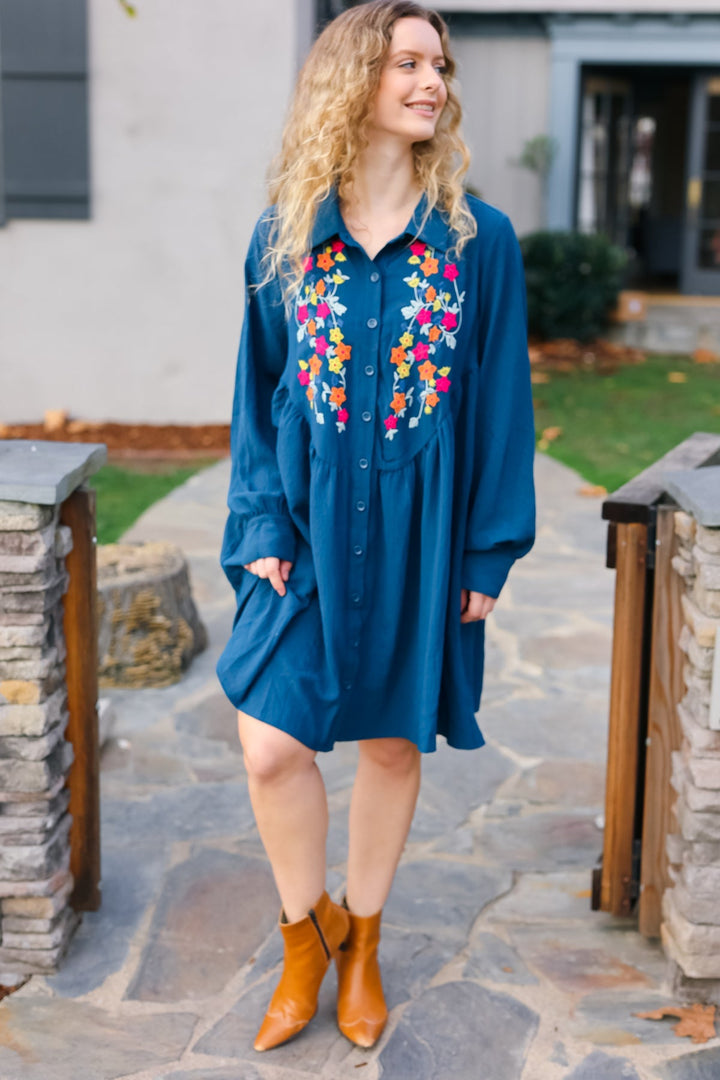 Just Imagine Navy Floral Embroidered Button Down Long Sleeve Dress-Haptics-[option4]-[option5]-[option6]-[option7]-[option8]-Shop-Boutique-Clothing-for-Women-Online