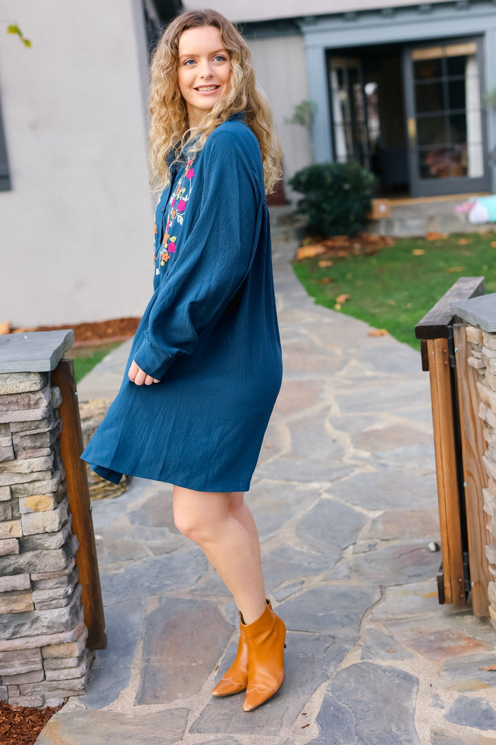 Just Imagine Navy Floral Embroidered Button Down Long Sleeve Dress-Haptics-[option4]-[option5]-[option6]-[option7]-[option8]-Shop-Boutique-Clothing-for-Women-Online