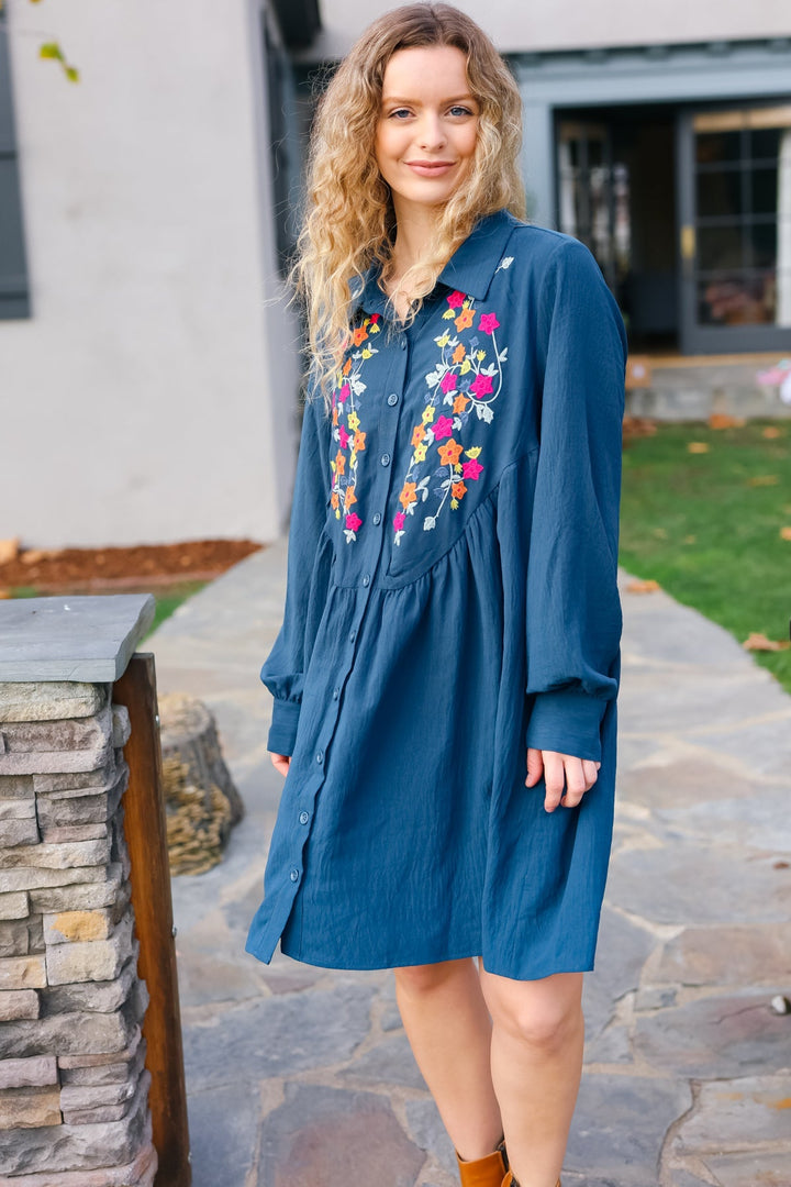 Just Imagine Navy Floral Embroidered Button Down Long Sleeve Dress-Haptics-[option4]-[option5]-[option6]-[option7]-[option8]-Shop-Boutique-Clothing-for-Women-Online