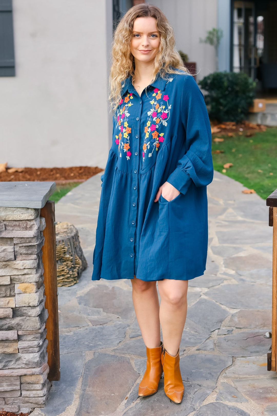 Just Imagine Navy Floral Embroidered Button Down Long Sleeve Dress-Haptics-[option4]-[option5]-[option6]-[option7]-[option8]-Shop-Boutique-Clothing-for-Women-Online