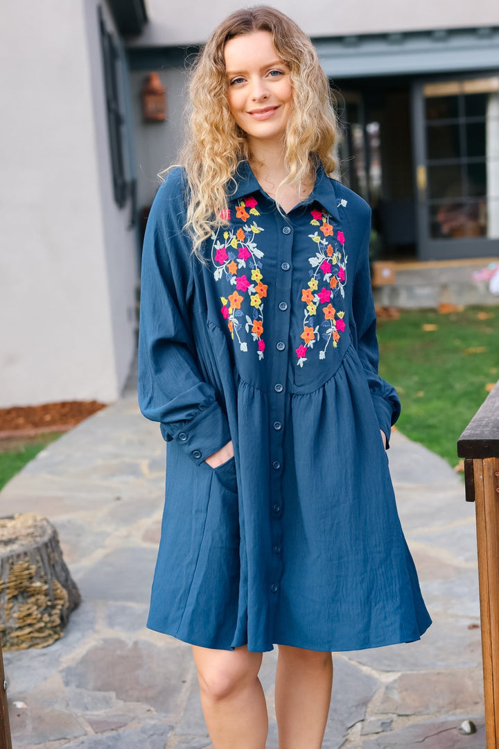 Just Imagine Navy Floral Embroidered Button Down Long Sleeve Dress-Haptics-[option4]-[option5]-[option6]-[option7]-[option8]-Shop-Boutique-Clothing-for-Women-Online