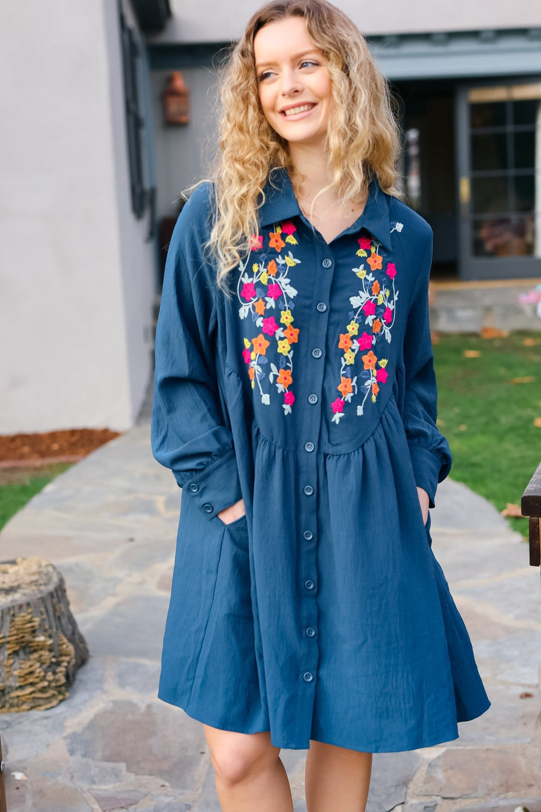 Just Imagine Navy Floral Embroidered Button Down Long Sleeve Dress-Haptics-[option4]-[option5]-[option6]-[option7]-[option8]-Shop-Boutique-Clothing-for-Women-Online