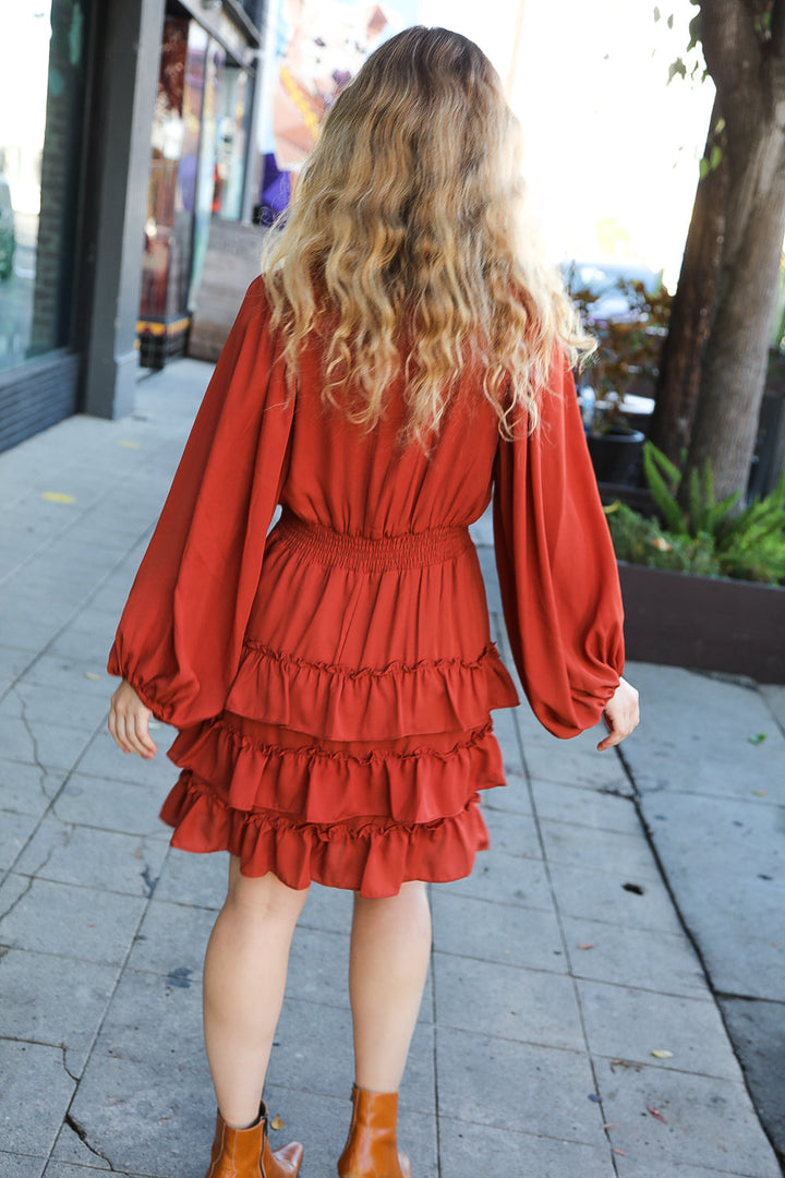 On My Way Rust Smocked Waist Tiered Ruffle Lined Dress-Bloom 2023 Winter Sale-[option4]-[option5]-[option6]-[option7]-[option8]-Shop-Boutique-Clothing-for-Women-Online