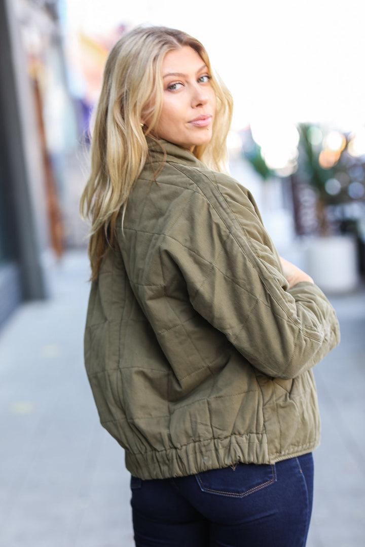 City Streets Olive Cotton Quilted Zip Up Jacket-Sugarfox-[option4]-[option5]-[option6]-[option7]-[option8]-Shop-Boutique-Clothing-for-Women-Online
