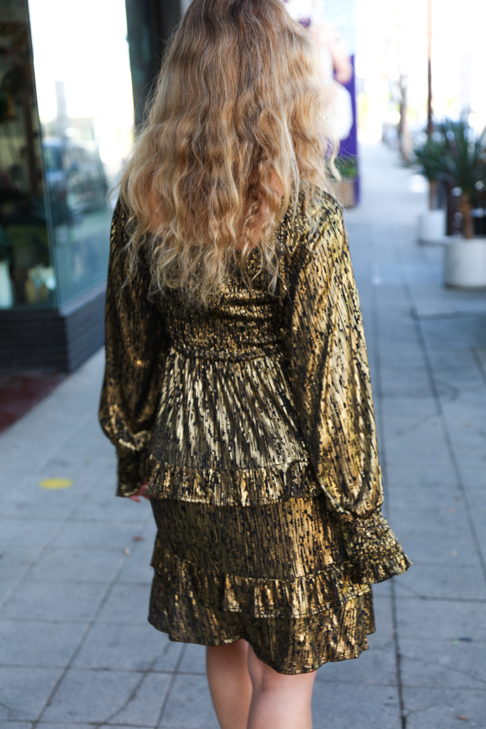 Dazzling Black Gold Foiled Smocked Fit & Flare Dress-Bloom 2023 Winter Sale-[option4]-[option5]-[option6]-[option7]-[option8]-Shop-Boutique-Clothing-for-Women-Online