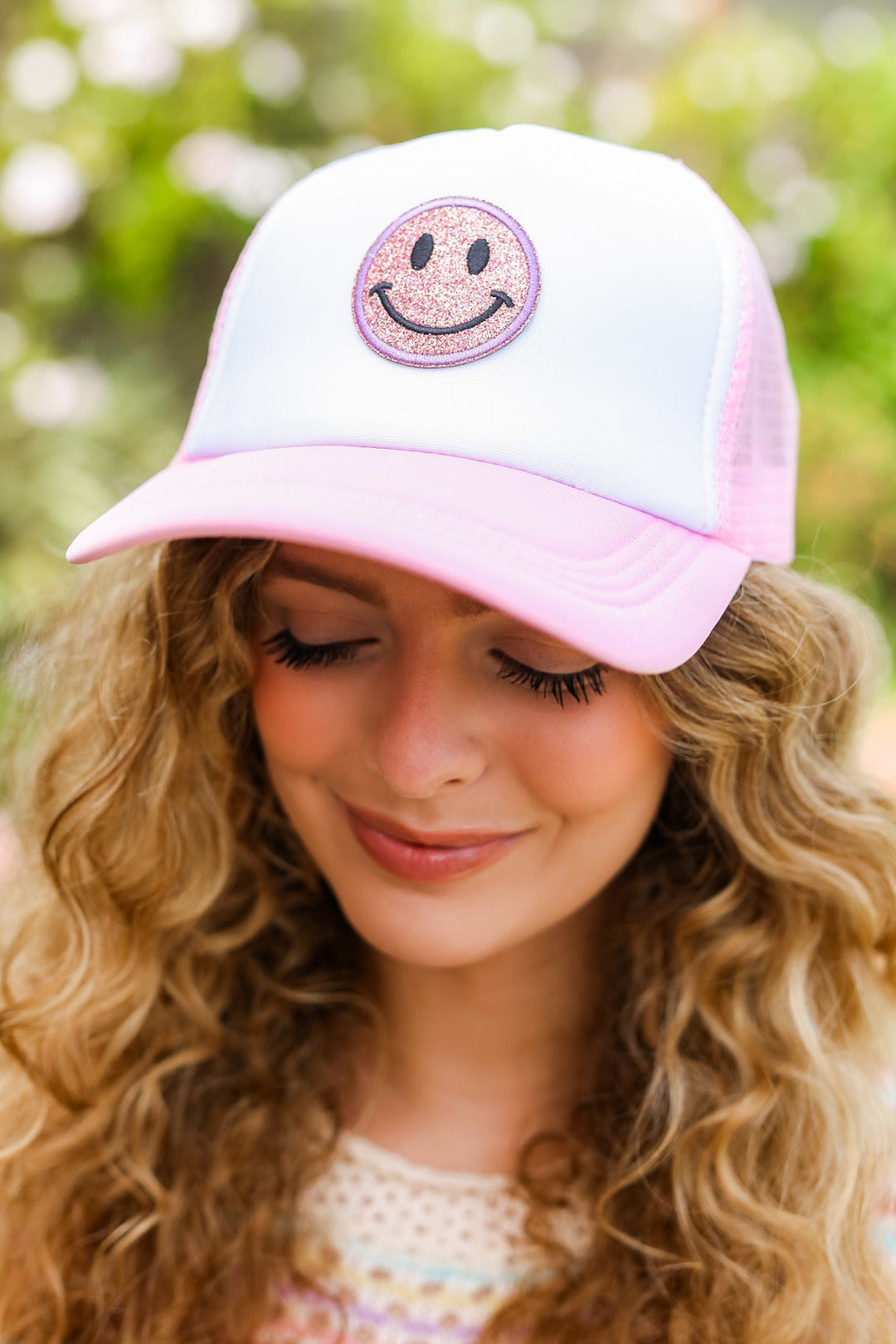 Baby Pink Glitter Smiley Face Mesh Trucker Hat-ANARK STREET-One Size Fits All-[option4]-[option5]-[option6]-[option7]-[option8]-Shop-Boutique-Clothing-for-Women-Online