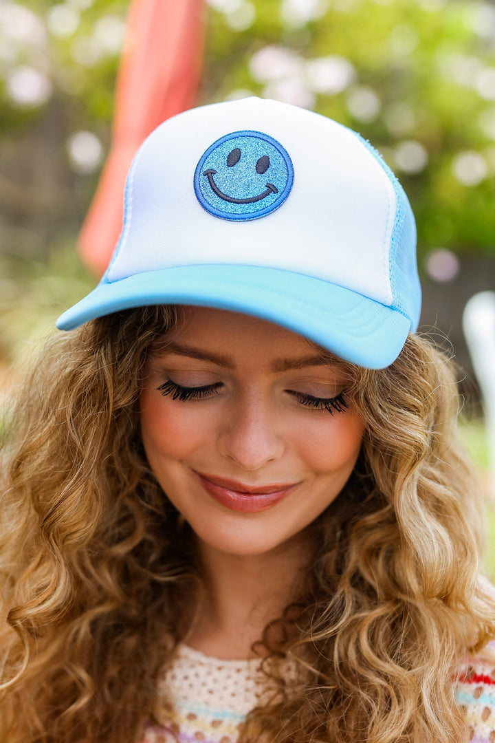 Baby Blue Glitter Smiley Face Mesh Trucker Hat-ANARK STREET-One Size Fits All-[option4]-[option5]-[option6]-[option7]-[option8]-Shop-Boutique-Clothing-for-Women-Online