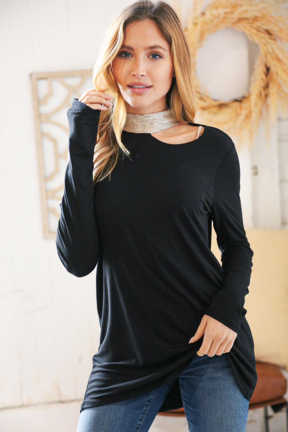 Shimmer Foil Neck Band Cold Shoulder Holiday Top-Haptics-[option4]-[option5]-[option6]-[option7]-[option8]-Shop-Boutique-Clothing-for-Women-Online