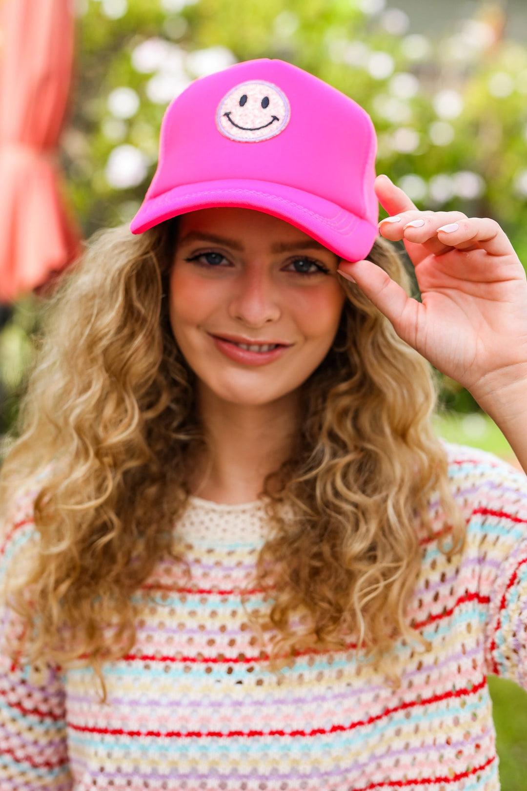 Neon Pink Glitter Smiley Face Mesh Trucker Hat-ANARK STREET-One Size Fits All-[option4]-[option5]-[option6]-[option7]-[option8]-Shop-Boutique-Clothing-for-Women-Online