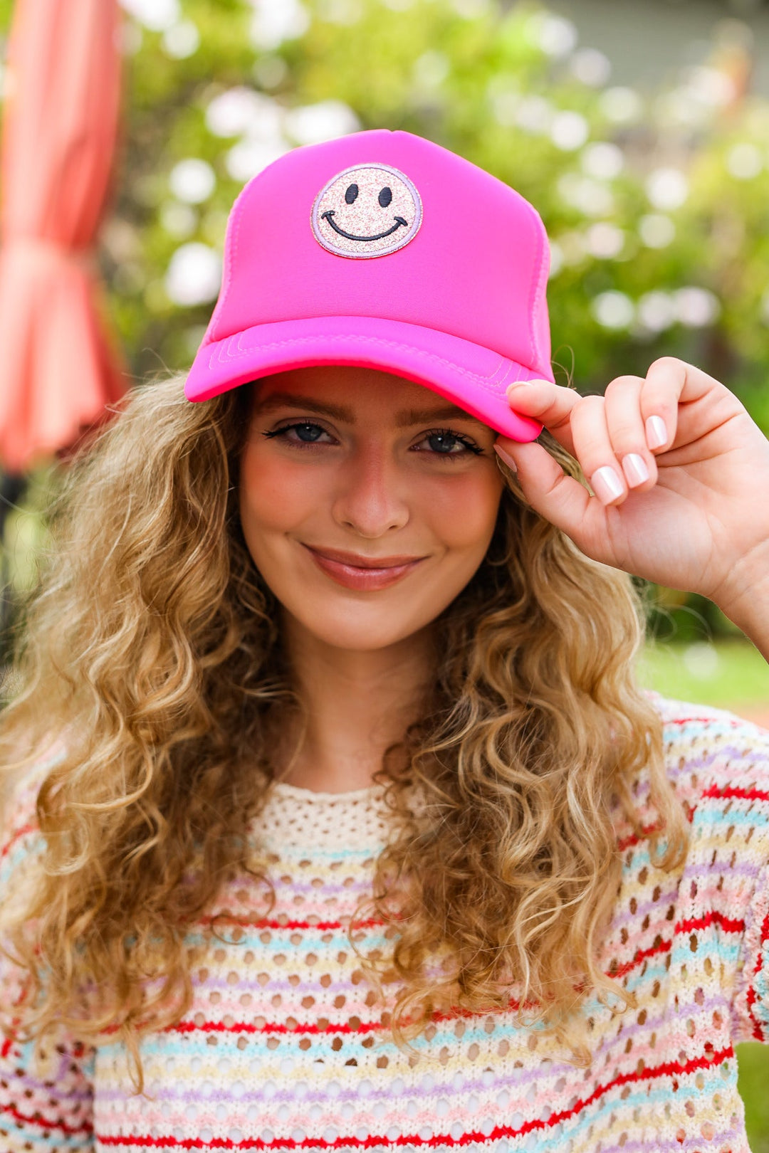 Neon Pink Glitter Smiley Face Mesh Trucker Hat-ANARK STREET-One Size Fits All-[option4]-[option5]-[option6]-[option7]-[option8]-Shop-Boutique-Clothing-for-Women-Online