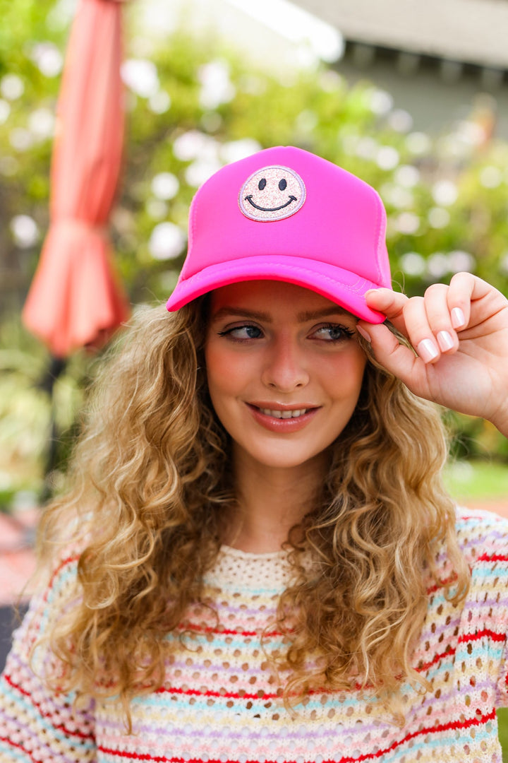 Neon Pink Glitter Smiley Face Mesh Trucker Hat-ANARK STREET-One Size Fits All-[option4]-[option5]-[option6]-[option7]-[option8]-Shop-Boutique-Clothing-for-Women-Online