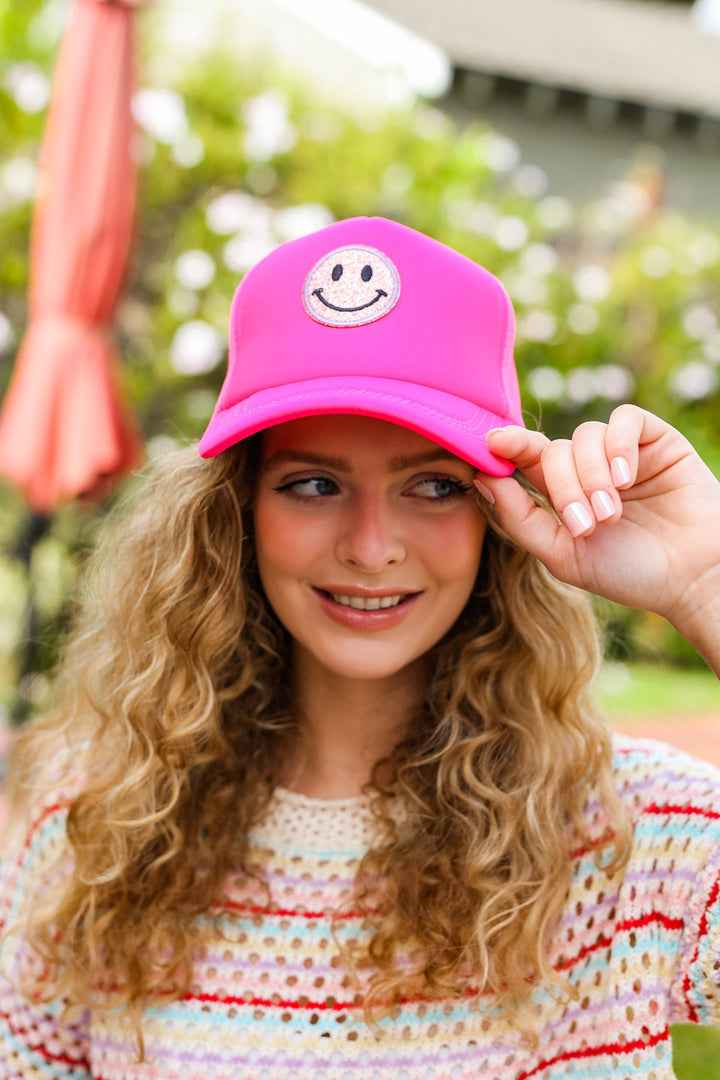 Neon Pink Glitter Smiley Face Mesh Trucker Hat-ANARK STREET-One Size Fits All-[option4]-[option5]-[option6]-[option7]-[option8]-Shop-Boutique-Clothing-for-Women-Online