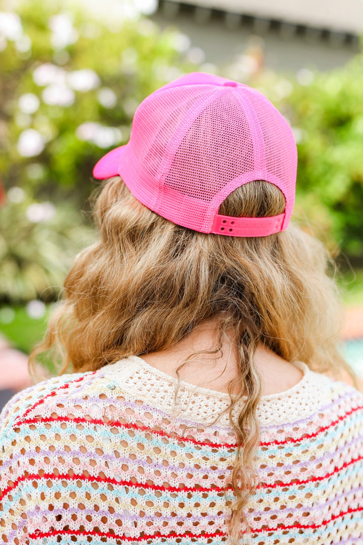 Neon Pink Glitter Smiley Face Mesh Trucker Hat-ANARK STREET-One Size Fits All-[option4]-[option5]-[option6]-[option7]-[option8]-Shop-Boutique-Clothing-for-Women-Online