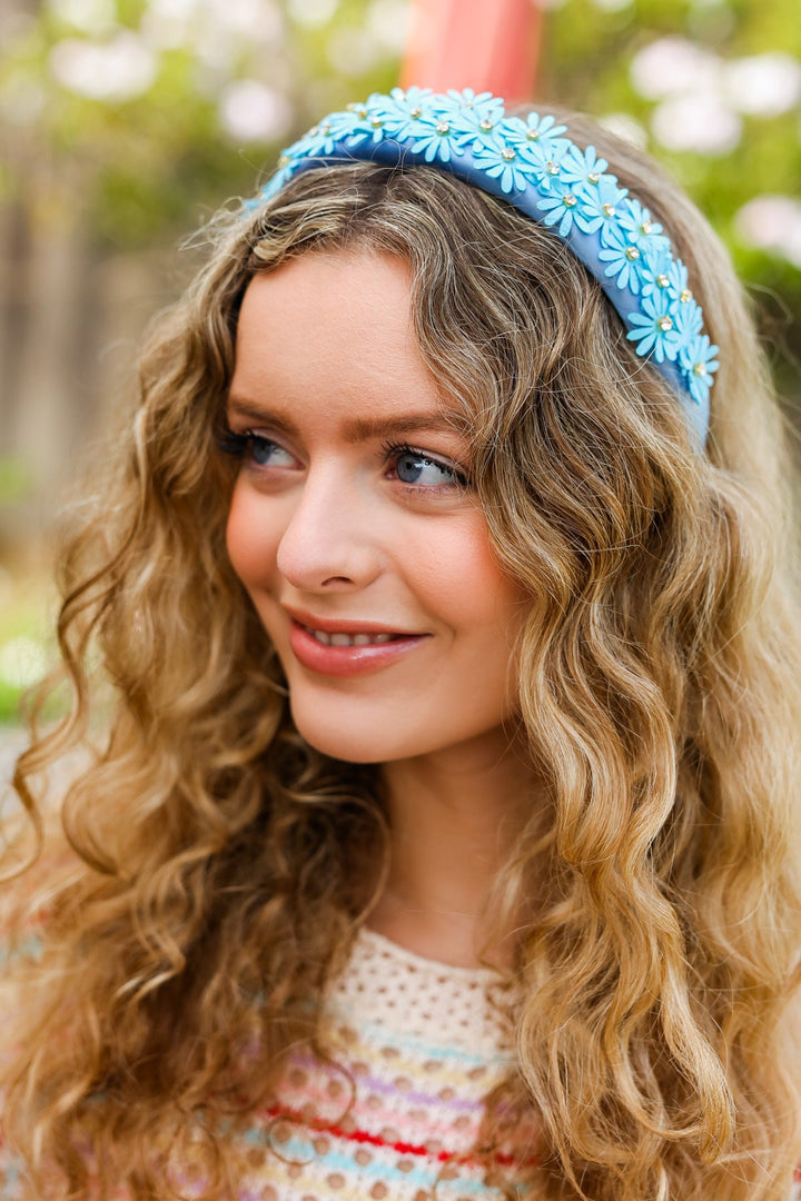 Blue Satin Daisy Rhinestone Headband-Jane Claire-One Size Fits All-[option4]-[option5]-[option6]-[option7]-[option8]-Shop-Boutique-Clothing-for-Women-Online