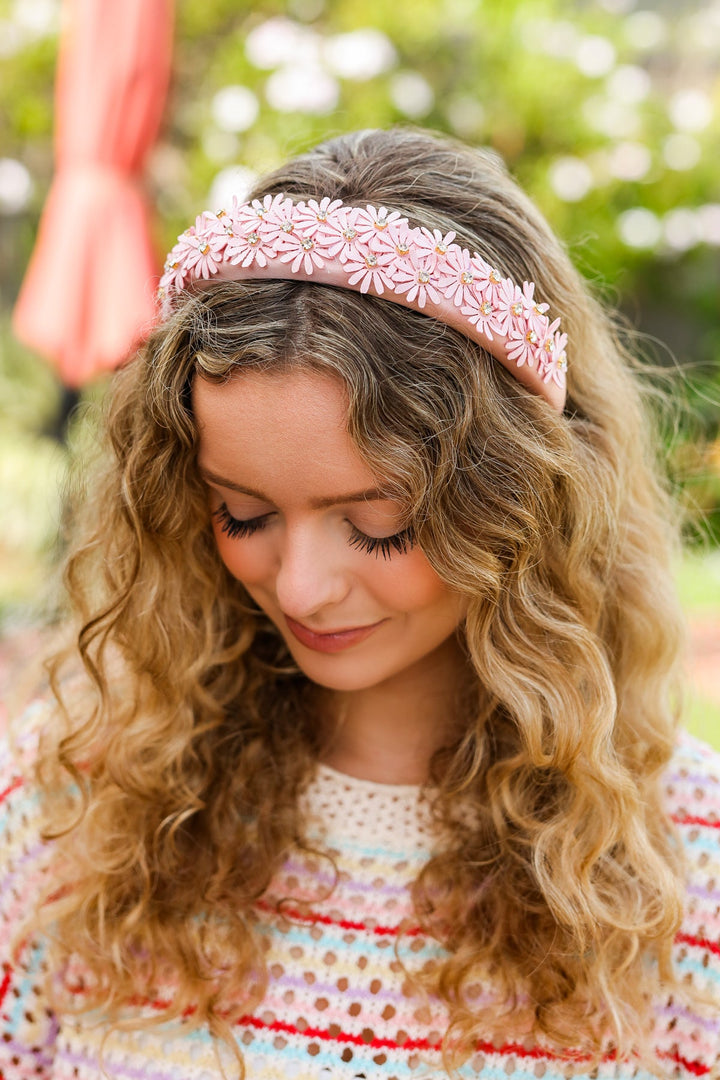 Pink Satin Daisy Rhinestone Headband-Jane Claire-One Size Fits All-[option4]-[option5]-[option6]-[option7]-[option8]-Shop-Boutique-Clothing-for-Women-Online