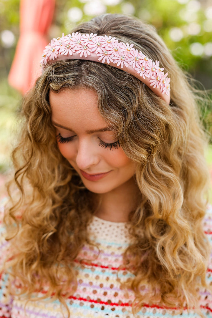 Pink Satin Daisy Rhinestone Headband-Jane Claire-One Size Fits All-[option4]-[option5]-[option6]-[option7]-[option8]-Shop-Boutique-Clothing-for-Women-Online