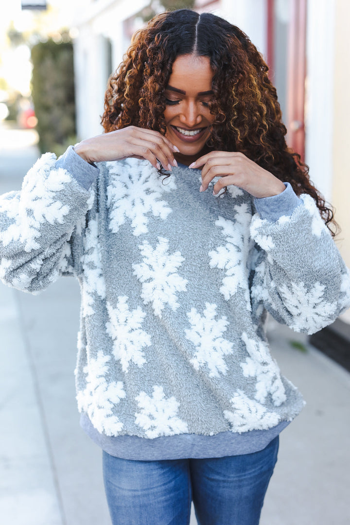 Season Greetings Silver Puffy Snowflake Sherpa Pullover-Haptics-[option4]-[option5]-[option6]-[option7]-[option8]-Shop-Boutique-Clothing-for-Women-Online