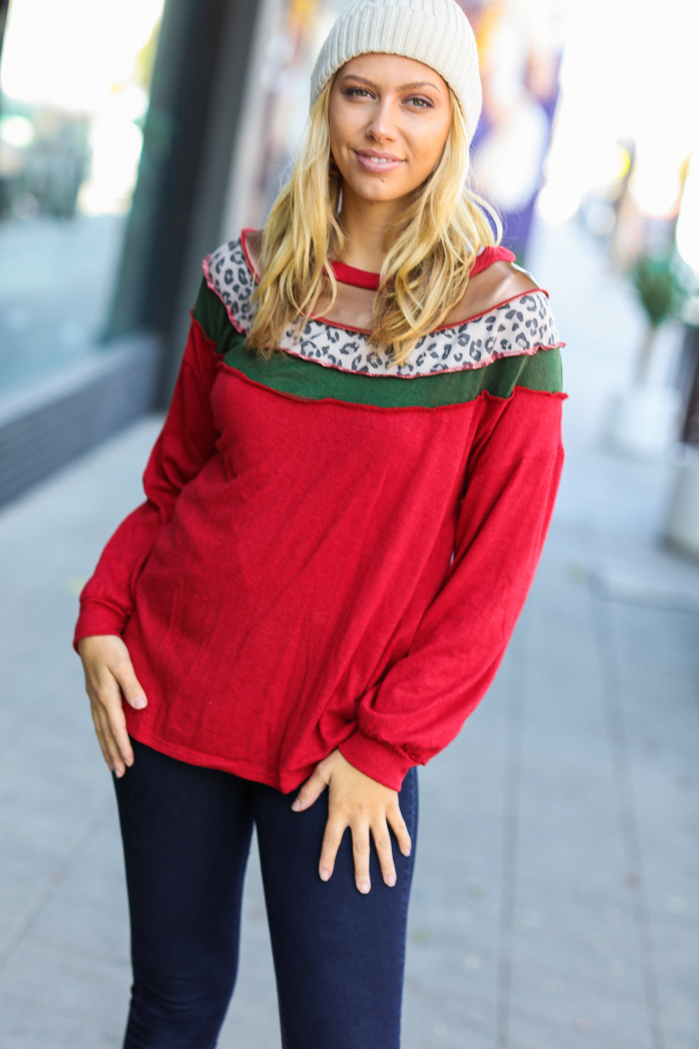 Christmas Red Terry Hacci Color Block Pullover-Haptics-[option4]-[option5]-[option6]-[option7]-[option8]-Shop-Boutique-Clothing-for-Women-Online