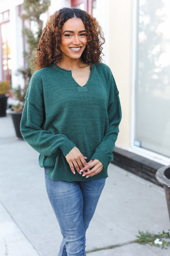 Lock Eyes Hunter Green Notched Neck With Patch Oversized Sweater-Haptics-[option4]-[option5]-[option6]-[option7]-[option8]-Shop-Boutique-Clothing-for-Women-Online