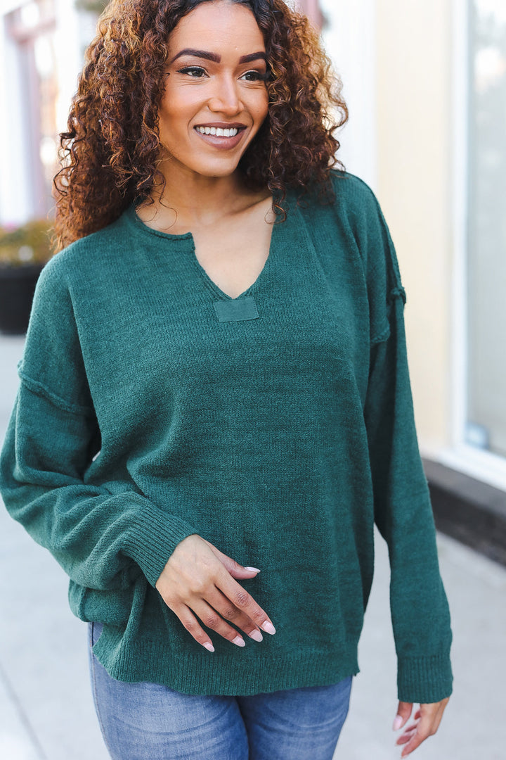 Lock Eyes Hunter Green Notched Neck With Patch Oversized Sweater-Haptics-[option4]-[option5]-[option6]-[option7]-[option8]-Shop-Boutique-Clothing-for-Women-Online