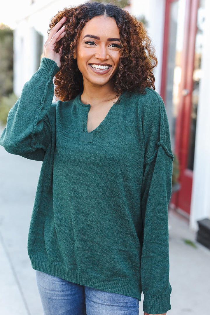 Lock Eyes Hunter Green Notched Neck With Patch Oversized Sweater-Haptics-[option4]-[option5]-[option6]-[option7]-[option8]-Shop-Boutique-Clothing-for-Women-Online