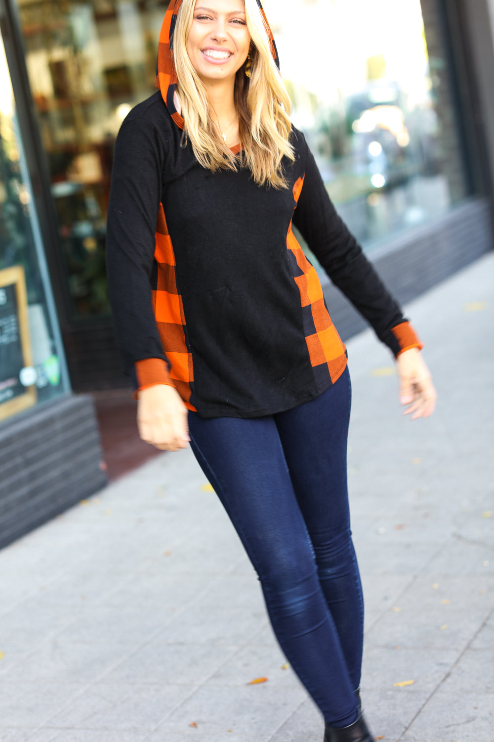 Black & Rust Plaid Hacci Knit Hoodie-Haptics-[option4]-[option5]-[option6]-[option7]-[option8]-Shop-Boutique-Clothing-for-Women-Online