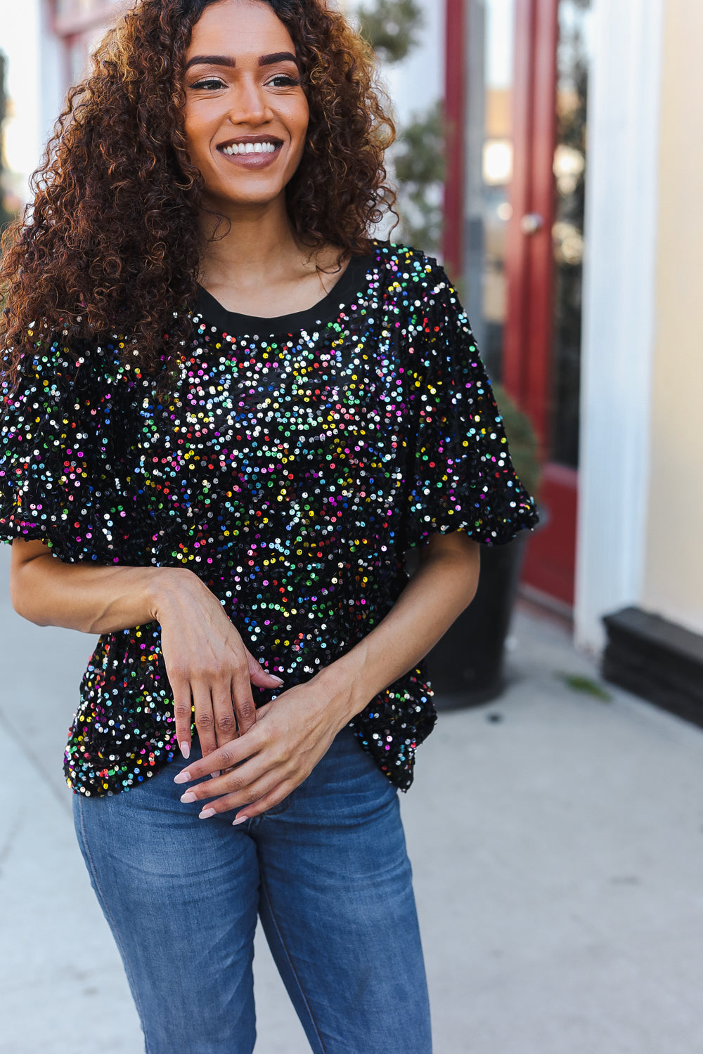 Holiday Ready Black Velvet Multicolor Sequin Puff Sleeve Top-Haptics-[option4]-[option5]-[option6]-[option7]-[option8]-Shop-Boutique-Clothing-for-Women-Online