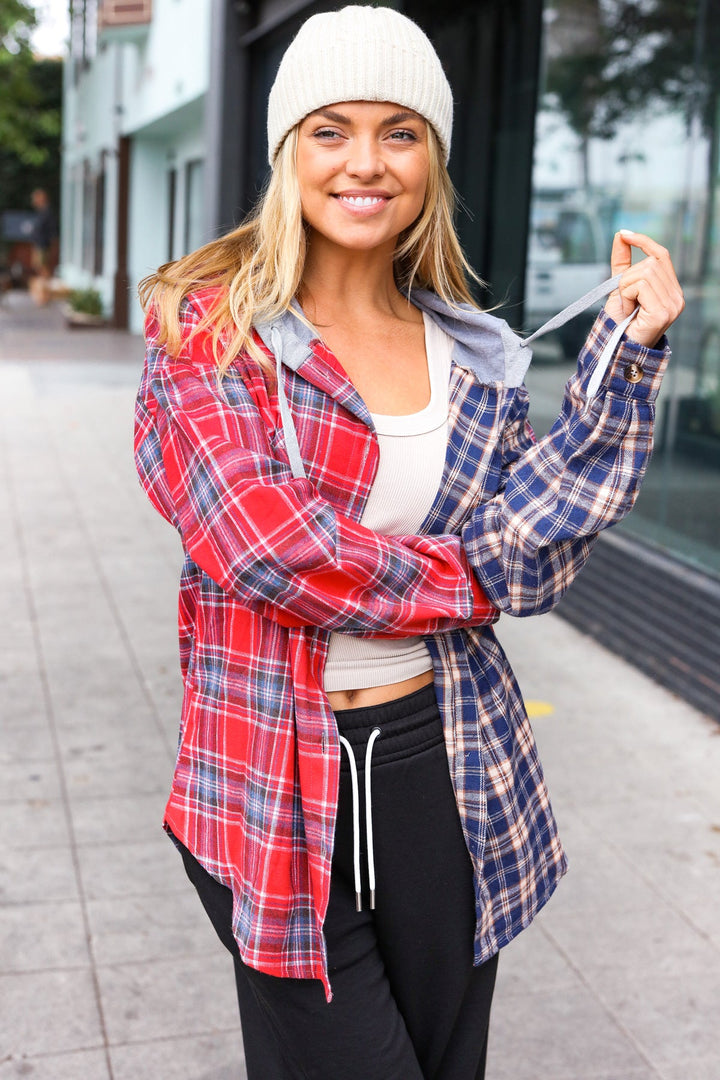 Main Attraction Red & Navy Plaid Color Block Button Down Hoodie-Haptics-[option4]-[option5]-[option6]-[option7]-[option8]-Shop-Boutique-Clothing-for-Women-Online