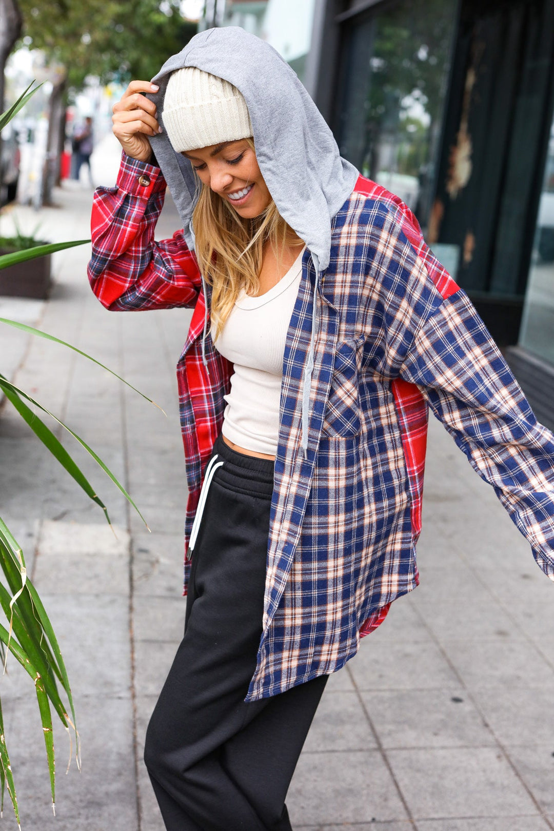 Main Attraction Red & Navy Plaid Color Block Button Down Hoodie-Haptics-[option4]-[option5]-[option6]-[option7]-[option8]-Shop-Boutique-Clothing-for-Women-Online