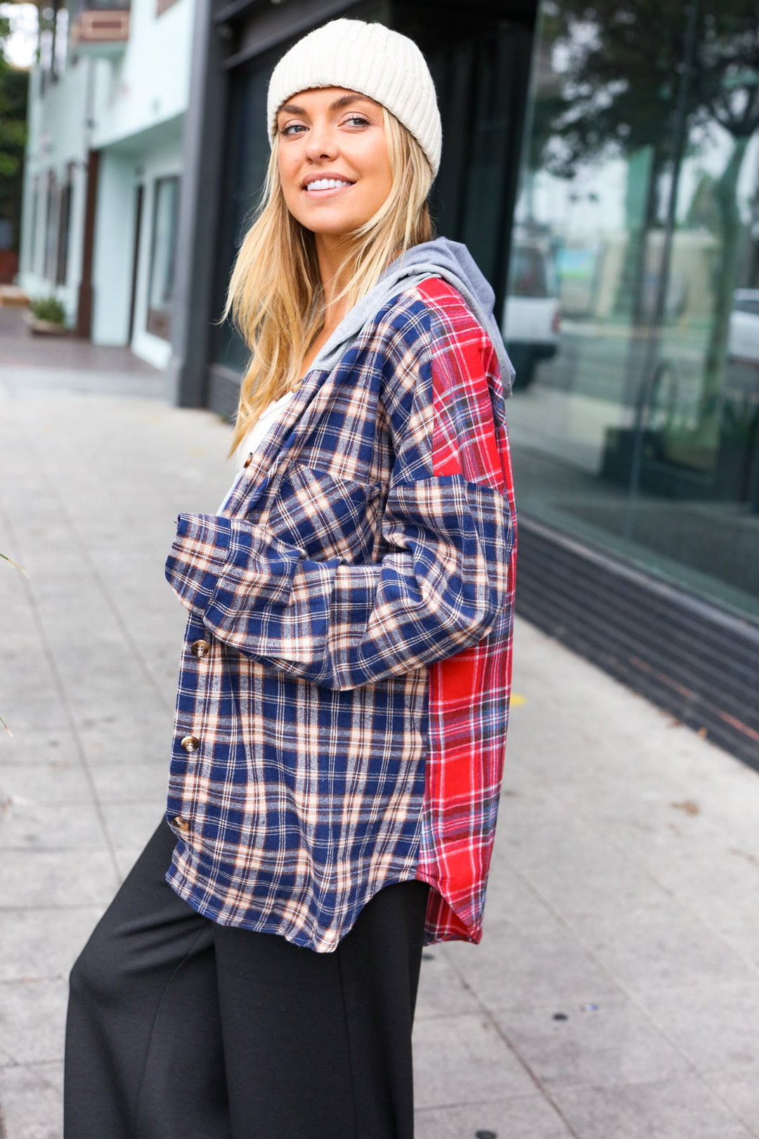 Main Attraction Red & Navy Plaid Color Block Button Down Hoodie-Haptics-[option4]-[option5]-[option6]-[option7]-[option8]-Shop-Boutique-Clothing-for-Women-Online