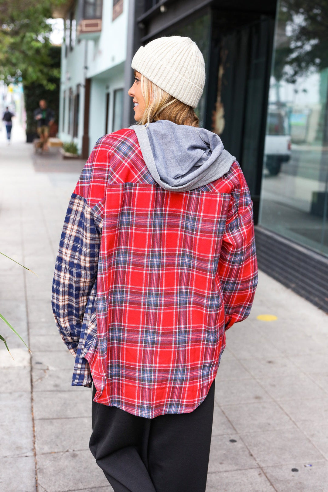 Main Attraction Red & Navy Plaid Color Block Button Down Hoodie-Haptics-[option4]-[option5]-[option6]-[option7]-[option8]-Shop-Boutique-Clothing-for-Women-Online