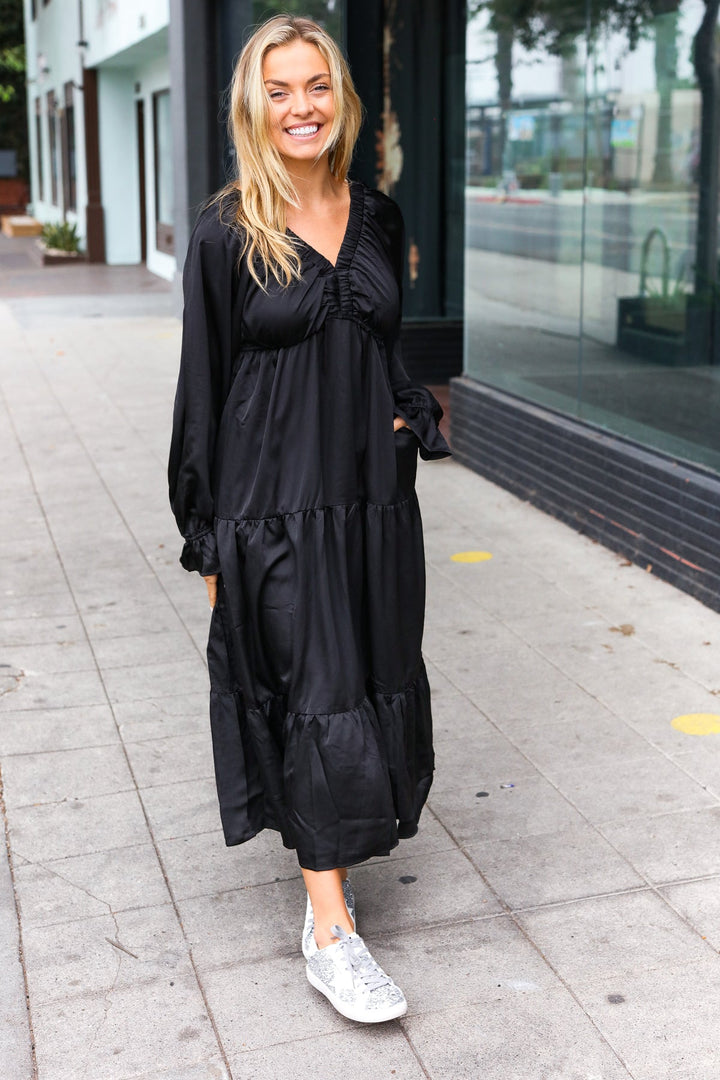 Elegant Black Elastic V Neck Tiered Satin Maxi Dress-Haptics-[option4]-[option5]-[option6]-[option7]-[option8]-Shop-Boutique-Clothing-for-Women-Online